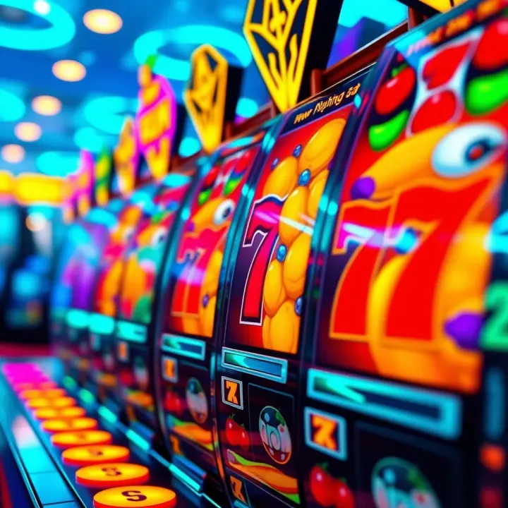 Colorful online pokies reels showing various symbols like fruits and lucky sevens