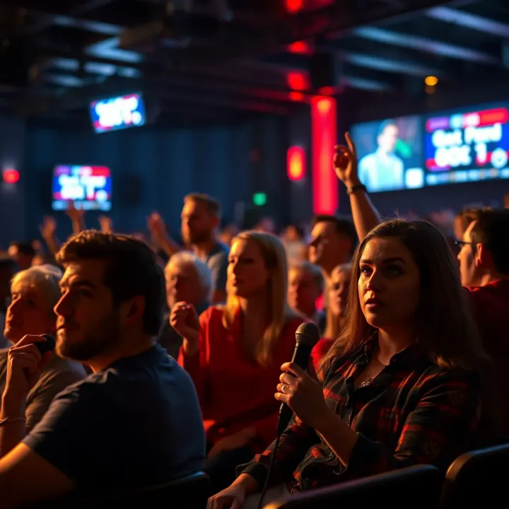 Audience Response to Controversial Satire in Australian Comedy Illustration of a lively audience reacting to provocative satire in an Australian comedy venue