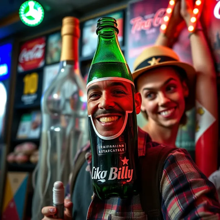 Cultural Inspirations Behind the King Billy Coke Bottle Comedian's Style A colorful collage capturing elements of Australian culture intertwined with comedic props and laughter