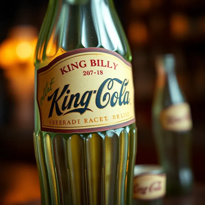 Close-up of authentic King Billy coke bottle highlighting label details and embossed glass