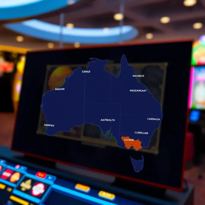 Illustration of a digital Australian map highlighting regions with legal online pokies access