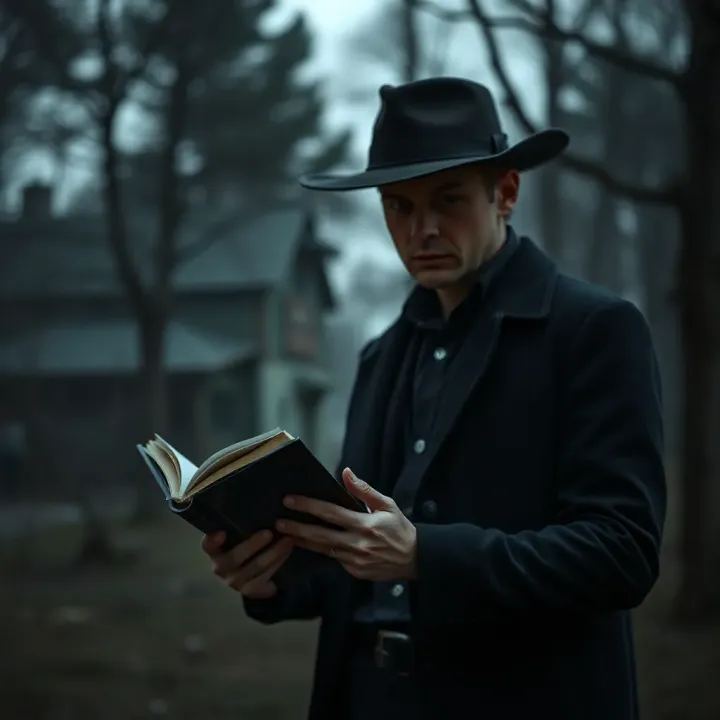 The Enigmatic Protagonist of Billy Summers A mysterious figure holding a book outdoors in a moody setting symbolizing suspense and intrigue