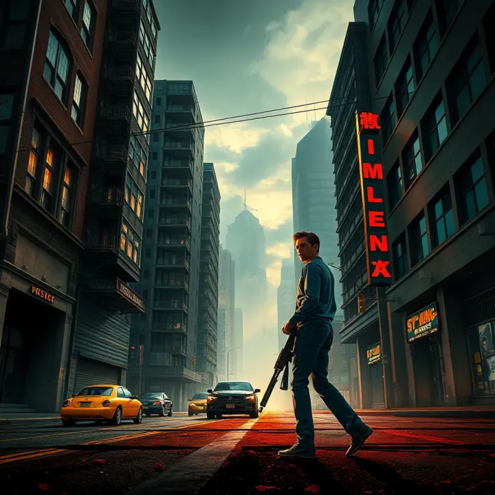 Illustration of a tense urban setting symbolizing themes of justice and moral conflict in Billy Summers