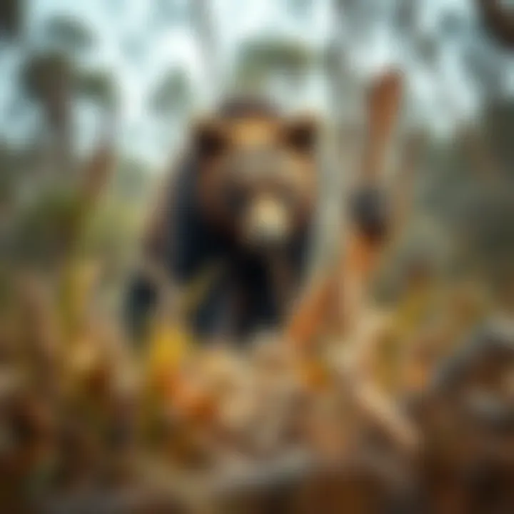Vintage illustration of a hunting technique used for tracking bears in Australian wilderness