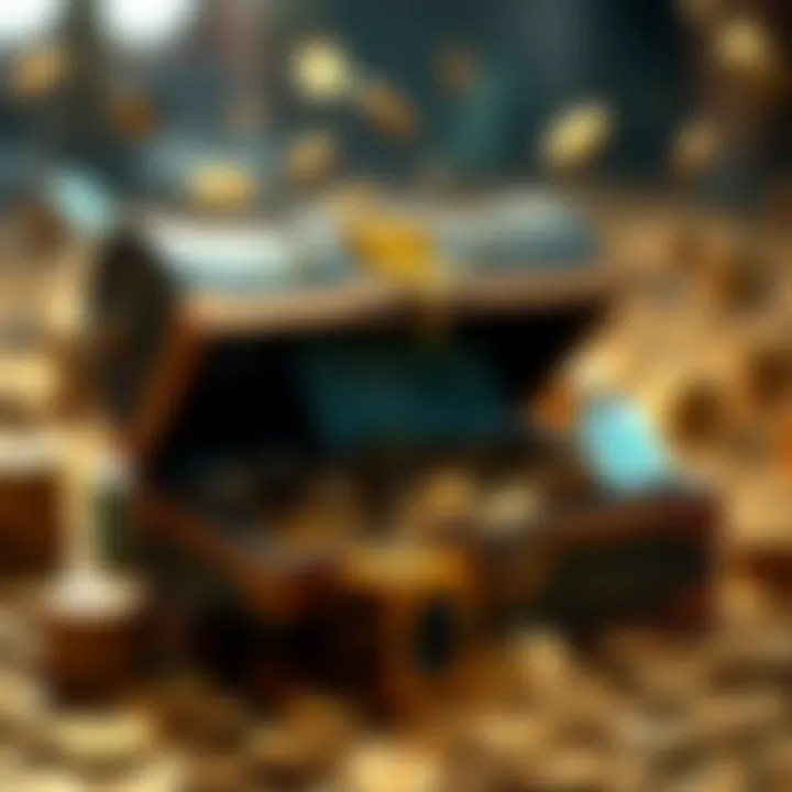 Graphic depicting a treasure chest filled with coins and promotional tags