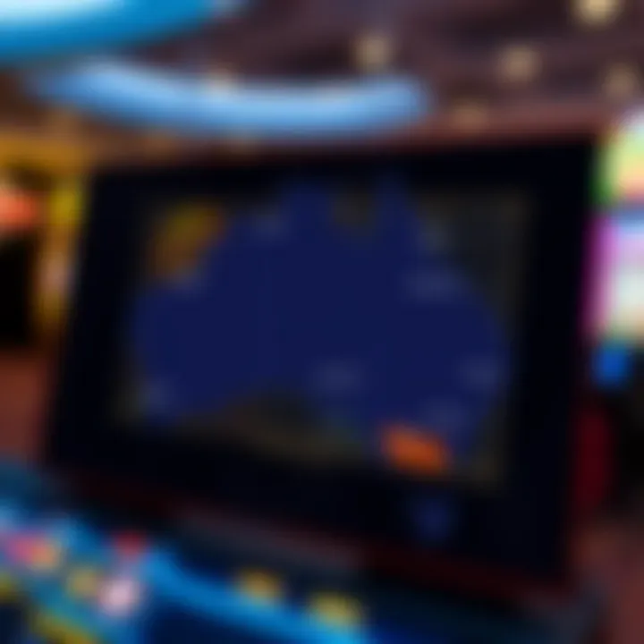 Illustration of a digital Australian map highlighting regions with legal online pokies access