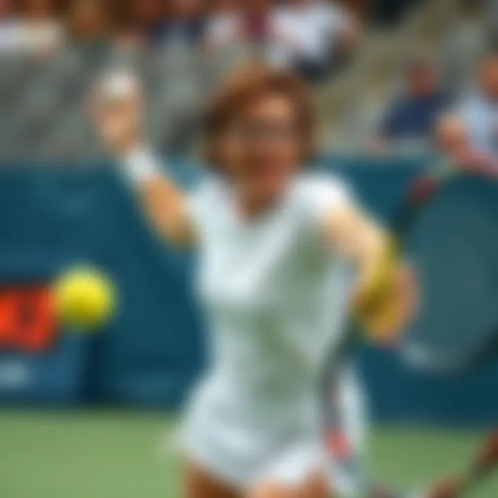Billie Jean King serving a powerful shot on the tennis court