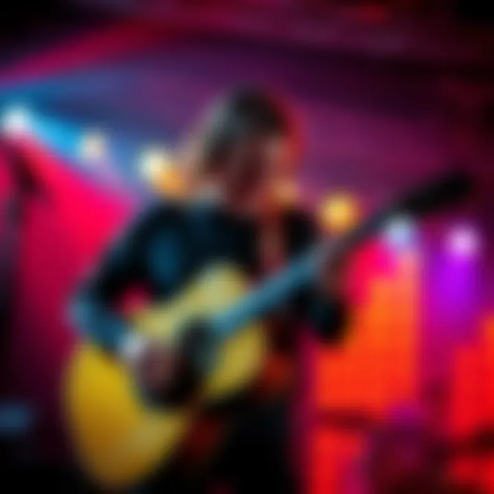 Billy Strings passionately strumming acoustic guitar surrounded by colorful stage lights in an energetic live performance