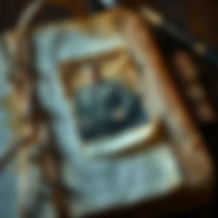 Close-up of a weathered journal with handwritten notes and a faded photograph, symbolizing introspection and complex character study