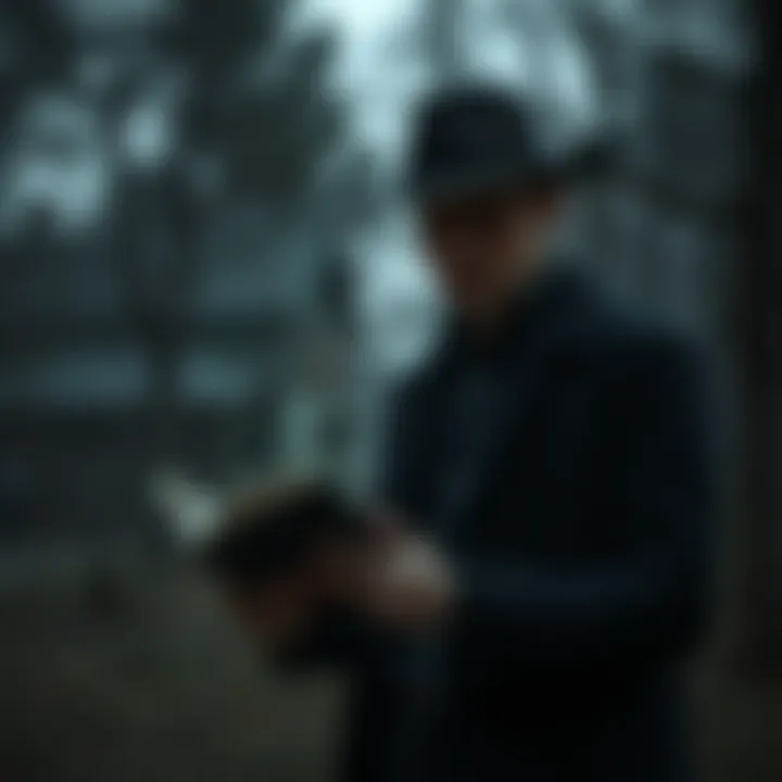 A mysterious figure holding a book outdoors in a moody setting symbolizing suspense and intrigue