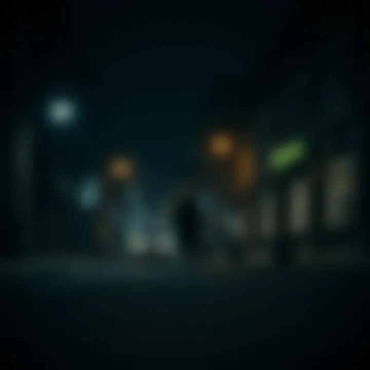 Dark city street at night with a lone figure walking under dim streetlights, evoking suspense and tension