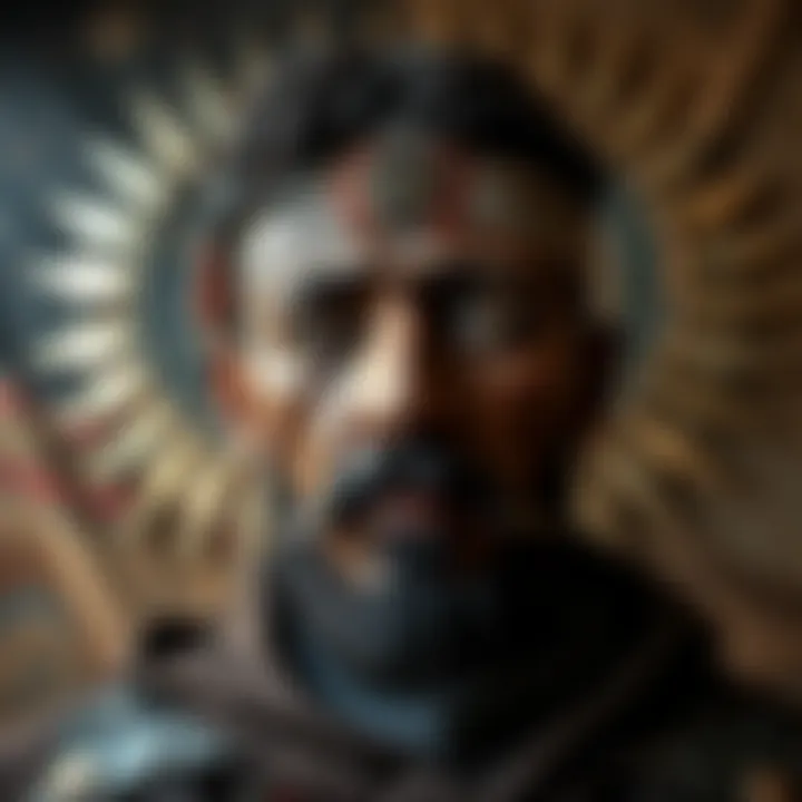 Contemporary artwork featuring symbolic motifs and layered textures representing historical narratives and identity