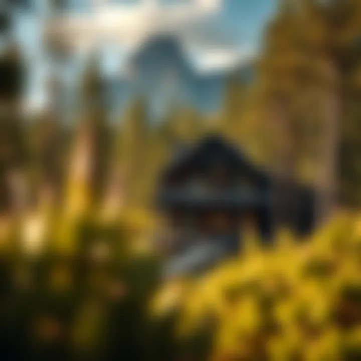 Exterior view of Cradle Mountain Lodge nestled in wilderness surrounded by tall trees and mountain peaks