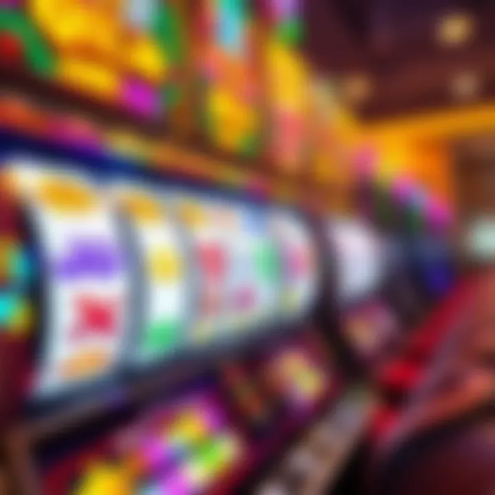 Colorful slot machine reels spinning with various symbols and vibrant lights