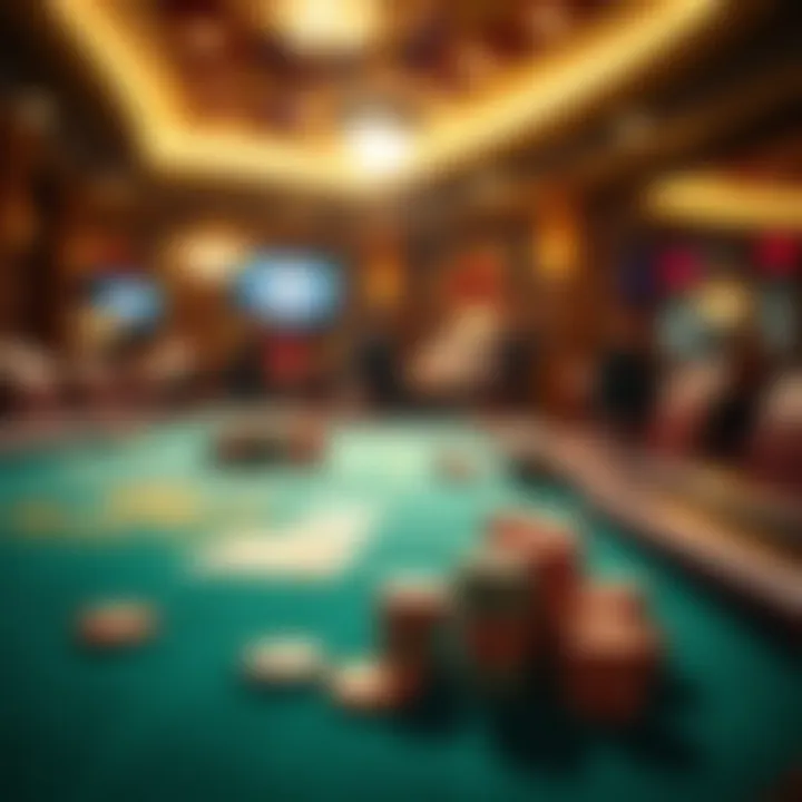 Casino table with cards and chips under soft lighting showcasing classic table game action