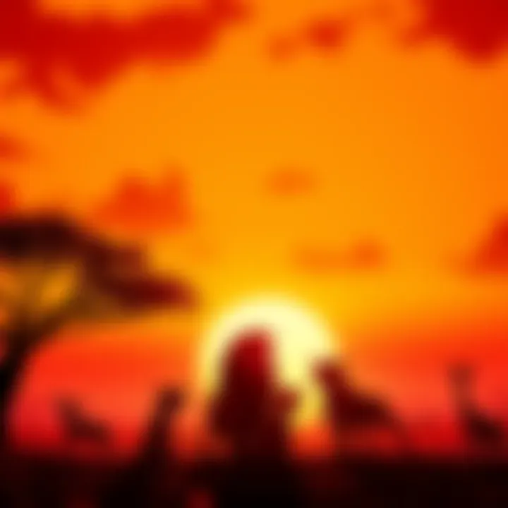 A vibrant scene of The Lion King characters silhouetted against a sunset in the African savanna