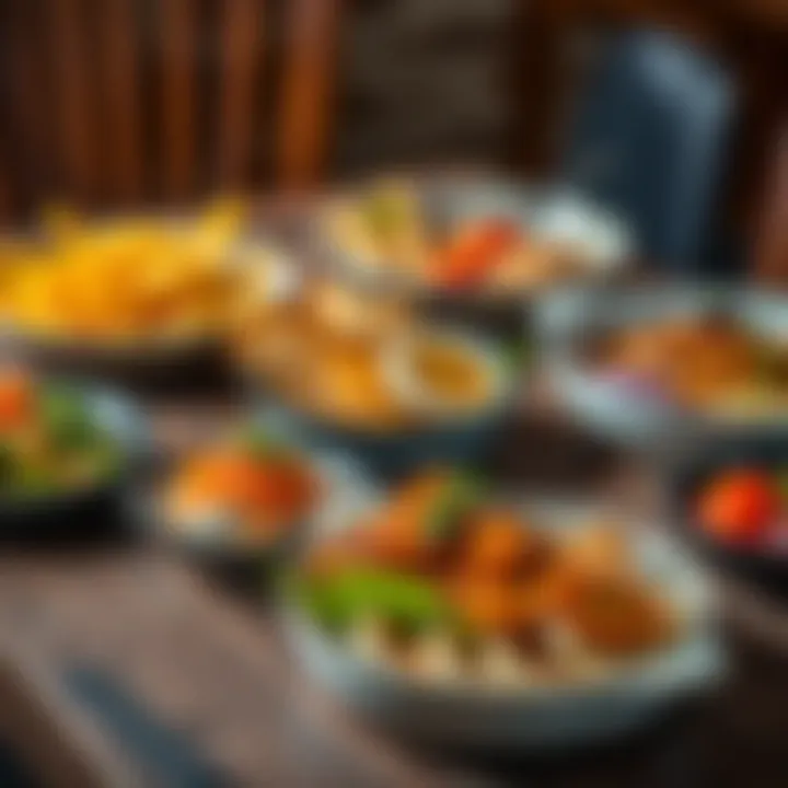 Assortment of signature dishes from King Billy showcasing vibrant colors and diverse ingredients on a rustic wooden table