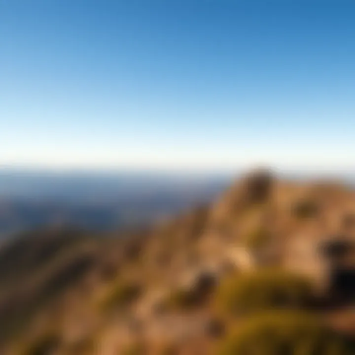 Panoramic view from Mt Magdala summit showcasing rugged terrain and distant hills