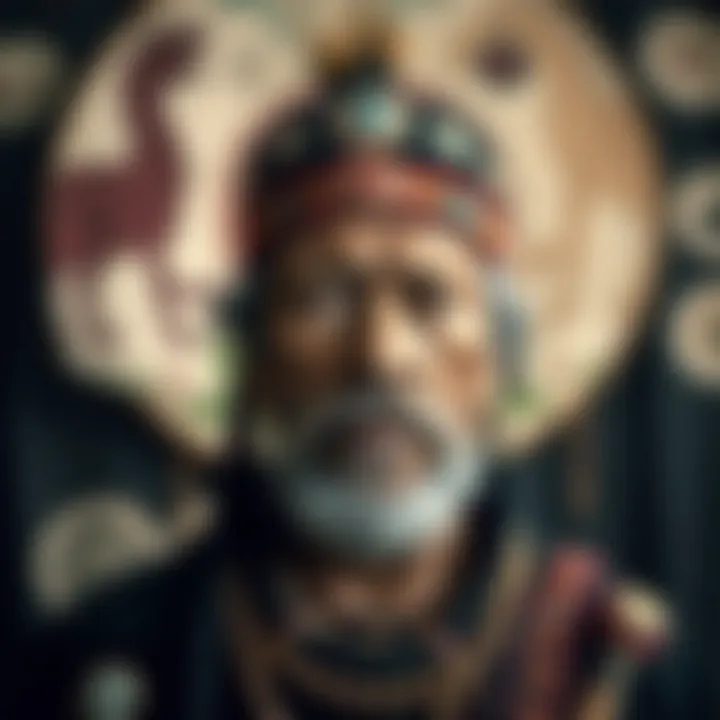 Historic portrait of King Billy, an Indigenous Australian leader, set against a backdrop of traditional symbols