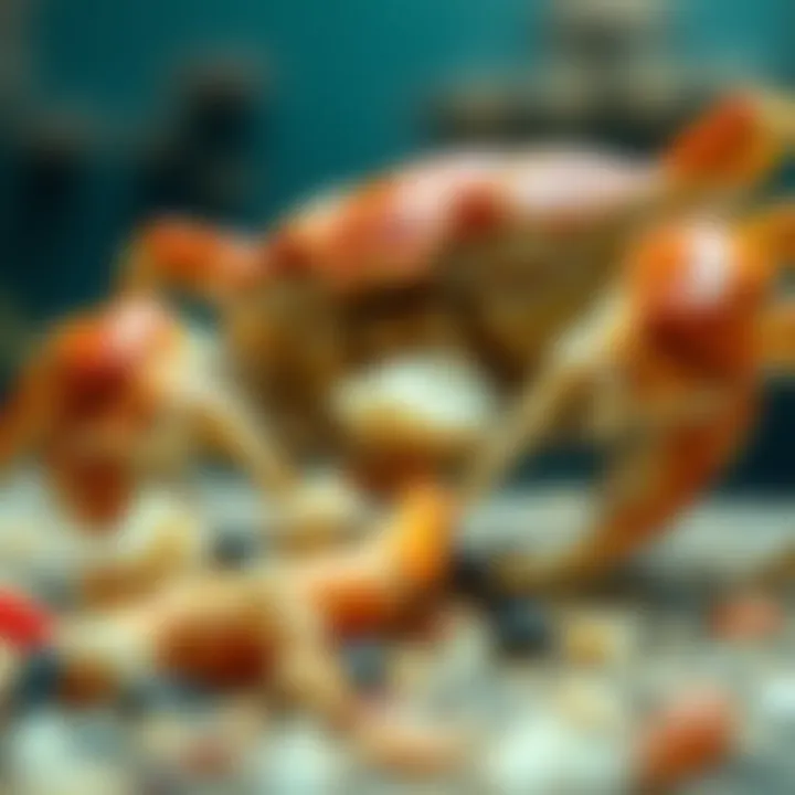 Close-up of King Billy mud crab feeding on fresh seafood with care and attention