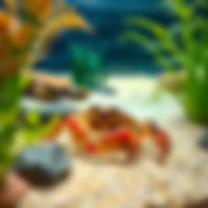 King Billy mud crab resting on sandy substrate in a home aquarium with natural aquatic plants