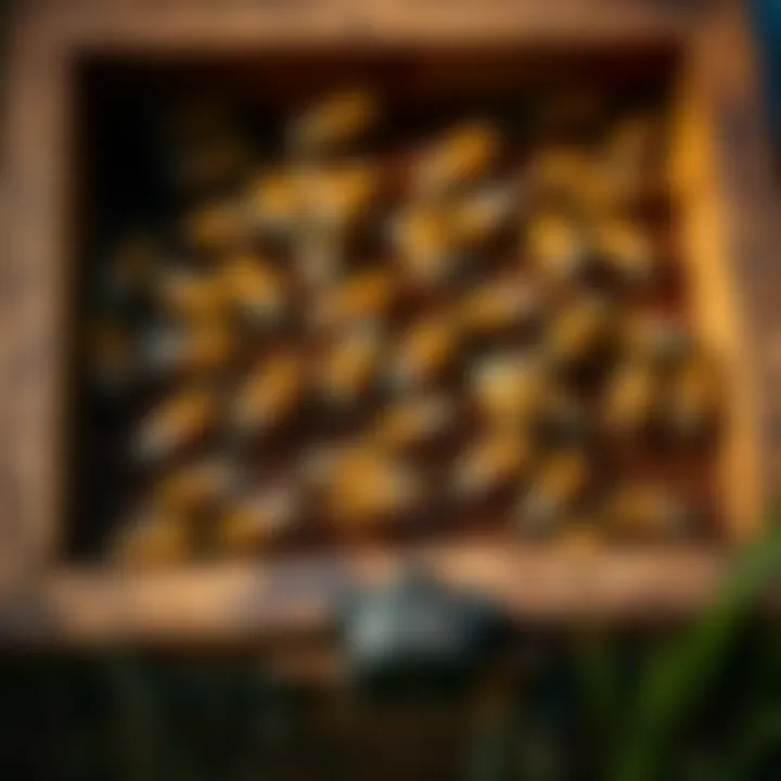 King Billy Buckfast bee colony with bees on honeycomb inside a wooden hive box