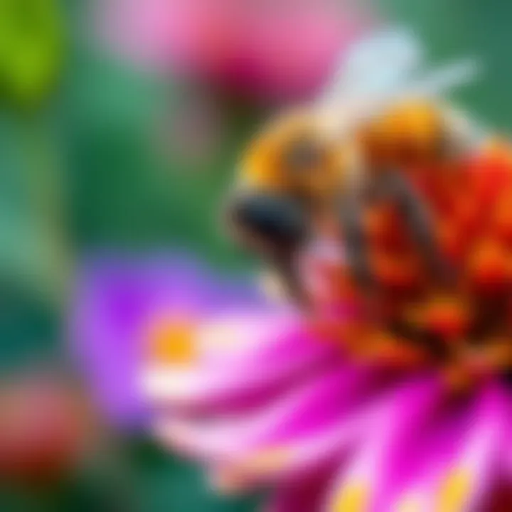 Close-up of a King Billy Buckfast bee collecting nectar on a vibrant flower in a natural environment