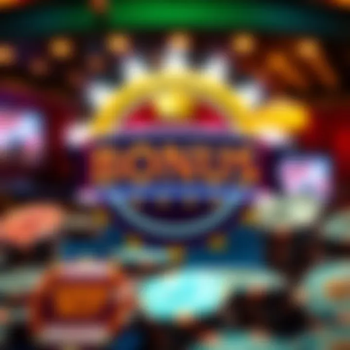 Illustration of a glowing bonus badge with casino tokens symbolizing promotional rewards