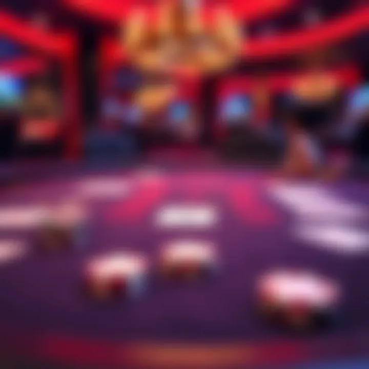 A virtual casino table showcasing a lively game of blackjack with cards and chips