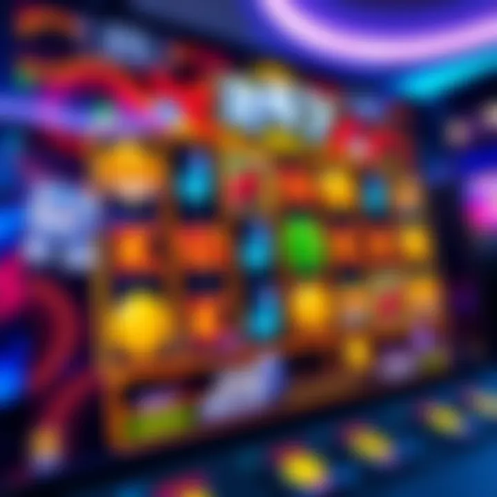 Online casino interface showing a vibrant slot game screen with spinning reels and colorful symbols