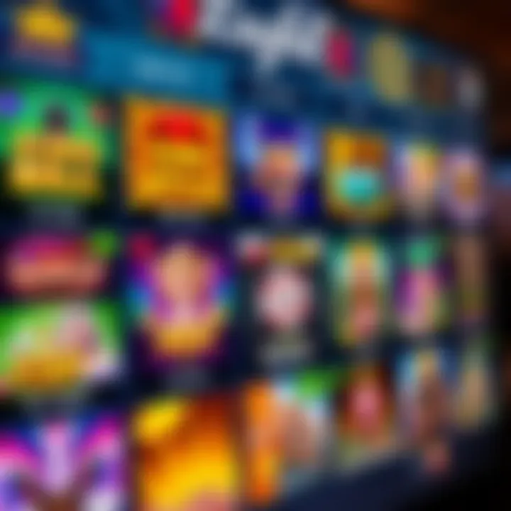 Colorful online casino game interface with various slot game icons and vibrant graphics