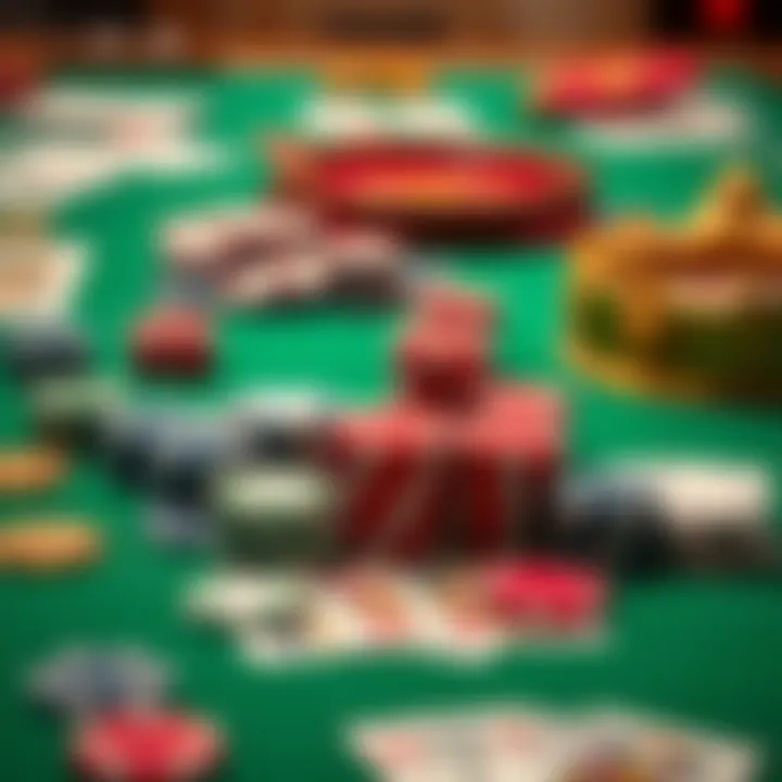 Assorted casino chips and playing cards on a green gaming table