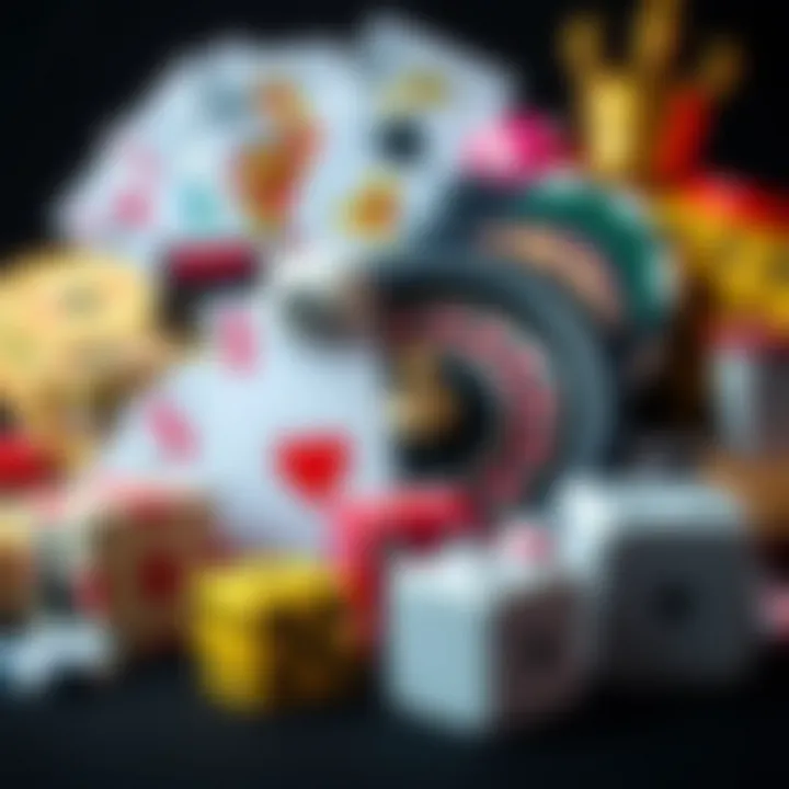 Colorful assortment of casino game icons including cards, roulette, and dice on a dark background