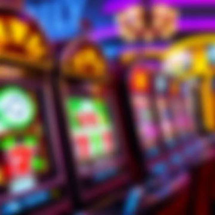 Colorful slot machine reels displaying various classic symbols in a casino setting