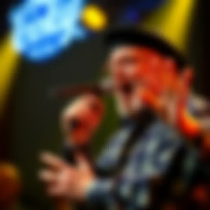 Comedian performing on stage with a vintage microphone, showcasing expressive gestures and vibrant energy