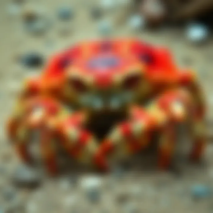 Close-up of King Billy Coke Bottle Crab showing its distinct bottle-shaped carapace and vibrant colors on the sandy ocean floor