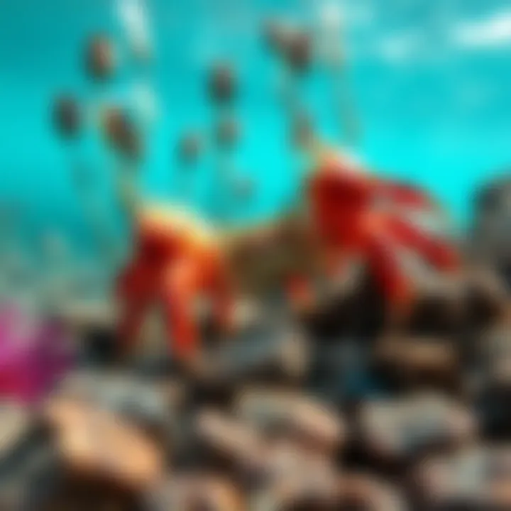 King Billy Coke Bottle Crab navigating rocky reef habitat along Australian coastal waters with surrounding marine flora