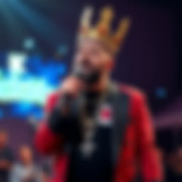 King Billy Cokebottle performing on stage with a microphone, showcasing his distinct comedic style