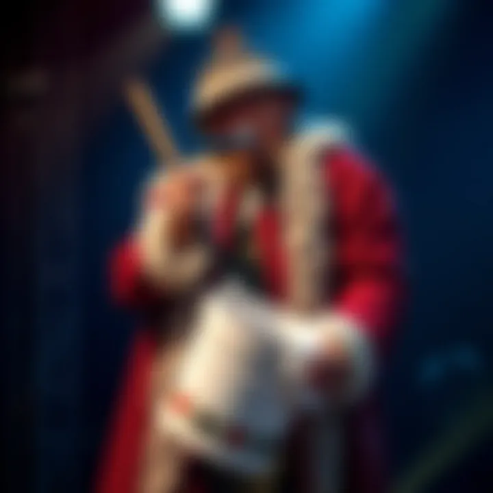 Performer dressed as King Billy Cokebottle holding a mop bucket on stage