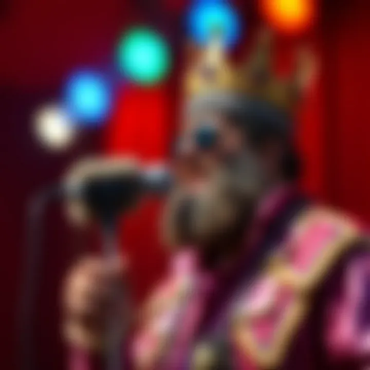 King Billy Cokebottle performing on stage with microphone and colorful background