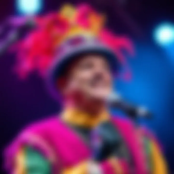 Portrait of King Billy Cokebottle performing on stage with colorful attire