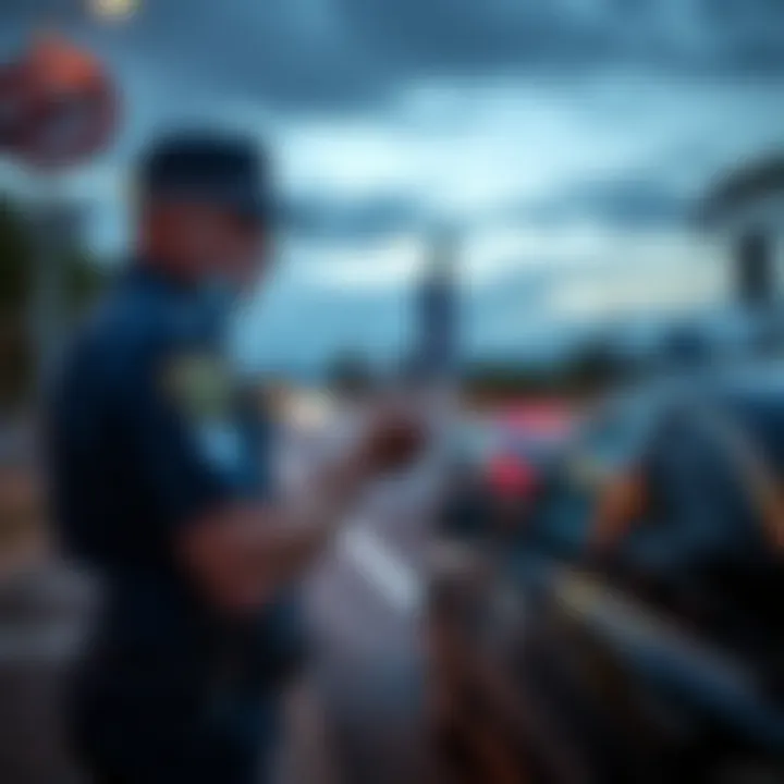 Police officer holding a breathalyzer device near a parked car on a roadside