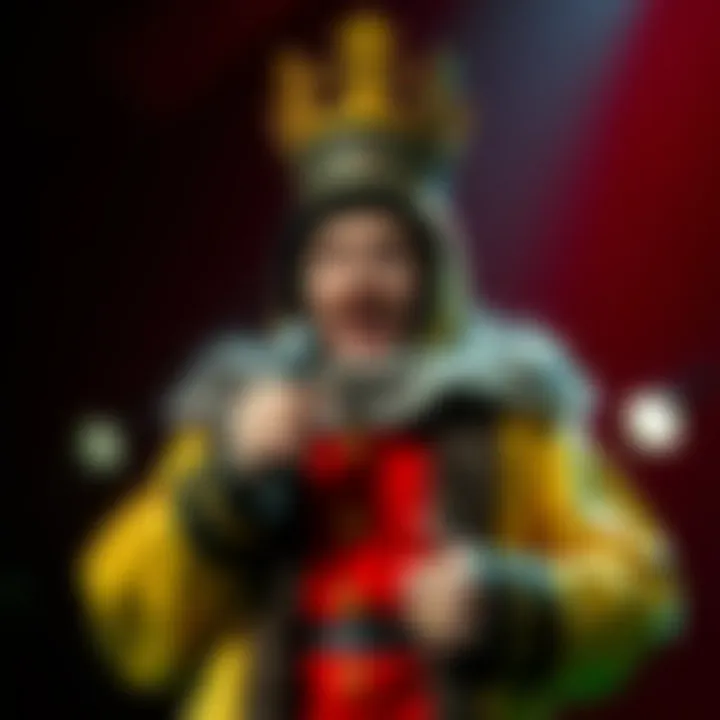 Stage performance spotlight highlighting a comedian dressed as King Billy Cokebottle with an expressive face