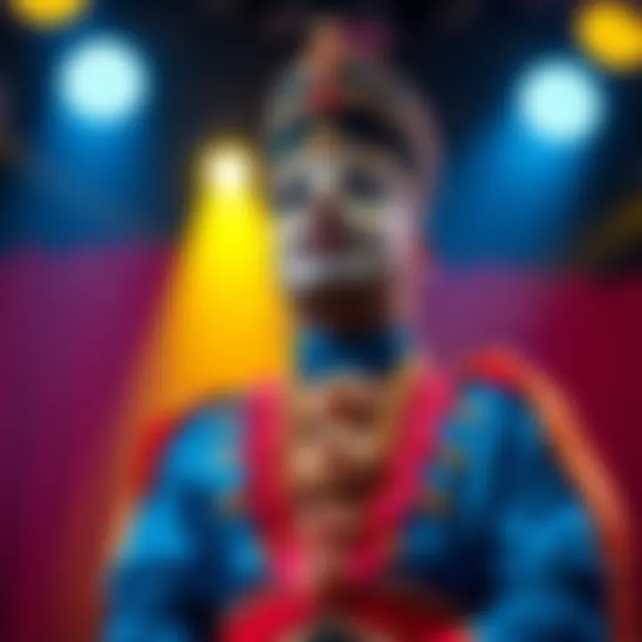 A performer in blackface makeup wearing a colorful costume on stage under bright lights