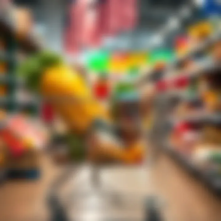 Shopping cart filled with groceries featuring King Billy coupon discounts