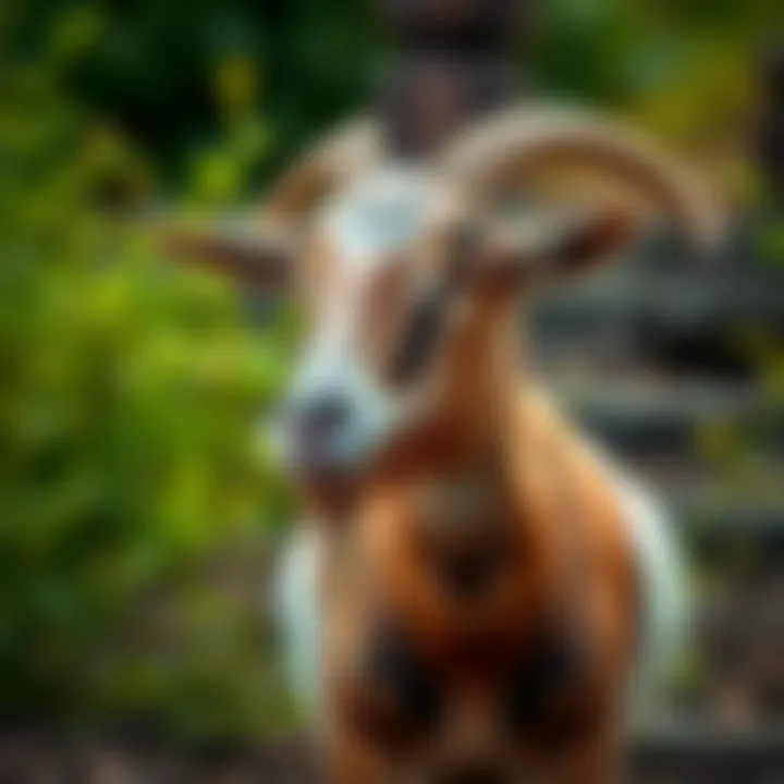 A goat standing calmly in a natural setting with greenery in the background