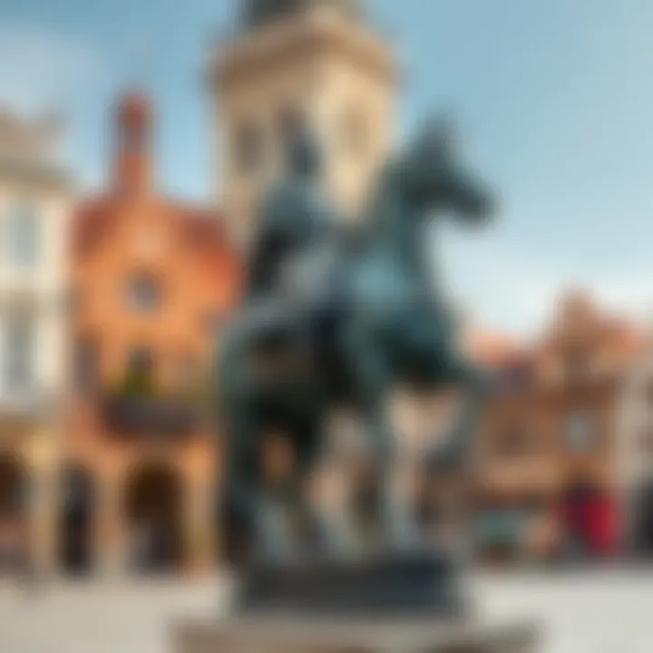 Statue of King Billy mounted on a horse in a town square with surrounding historic buildings