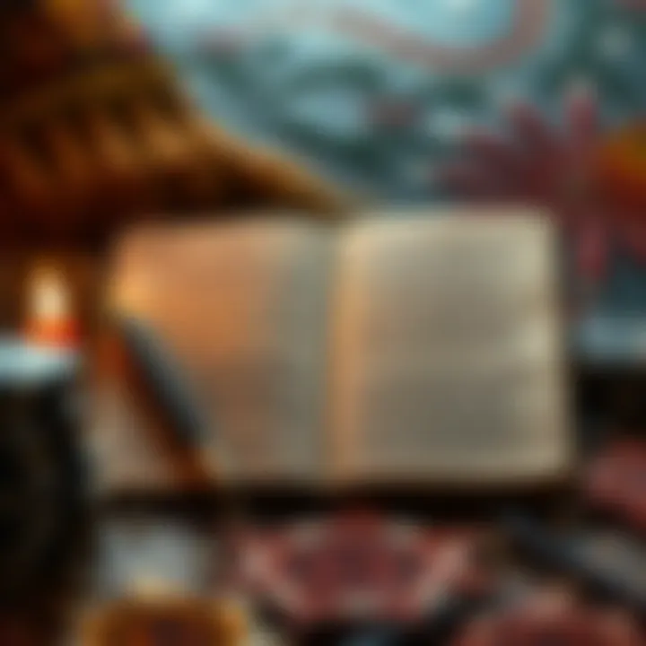 Open notebook with handwritten lyrics surrounded by traditional art elements reflecting Indigenous storytelling