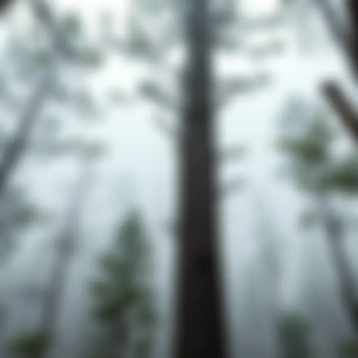 Tall King Billy pine tree with distinctive bark and needle-like foliage in a misty Tasmanian forest