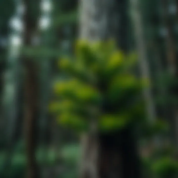Close-up of a King Billy Pine with its distinctive textured bark and lush green foliage in a forest setting